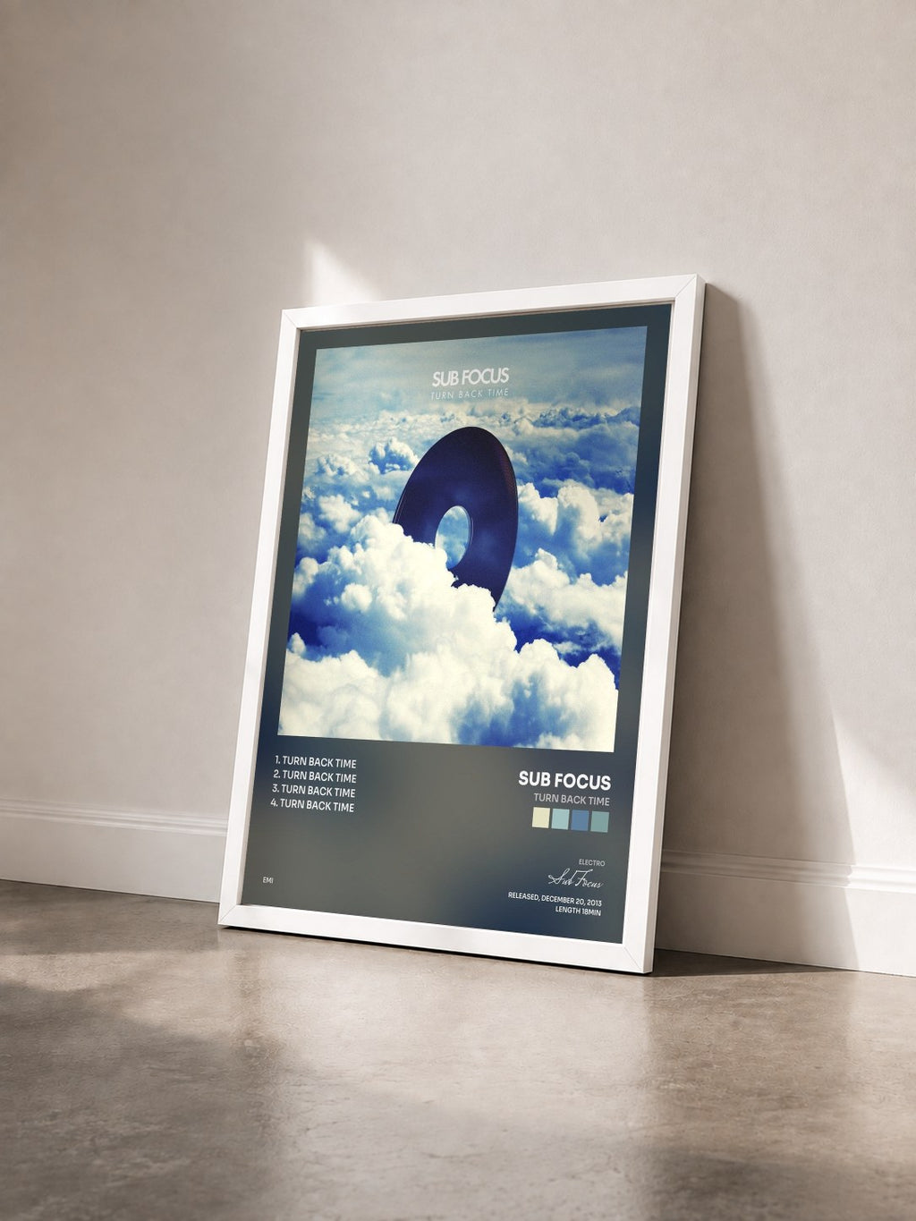 #blanc Tableau de l'album Turn Back Time de Sub Focus vu de trois quarts, cadre blanc