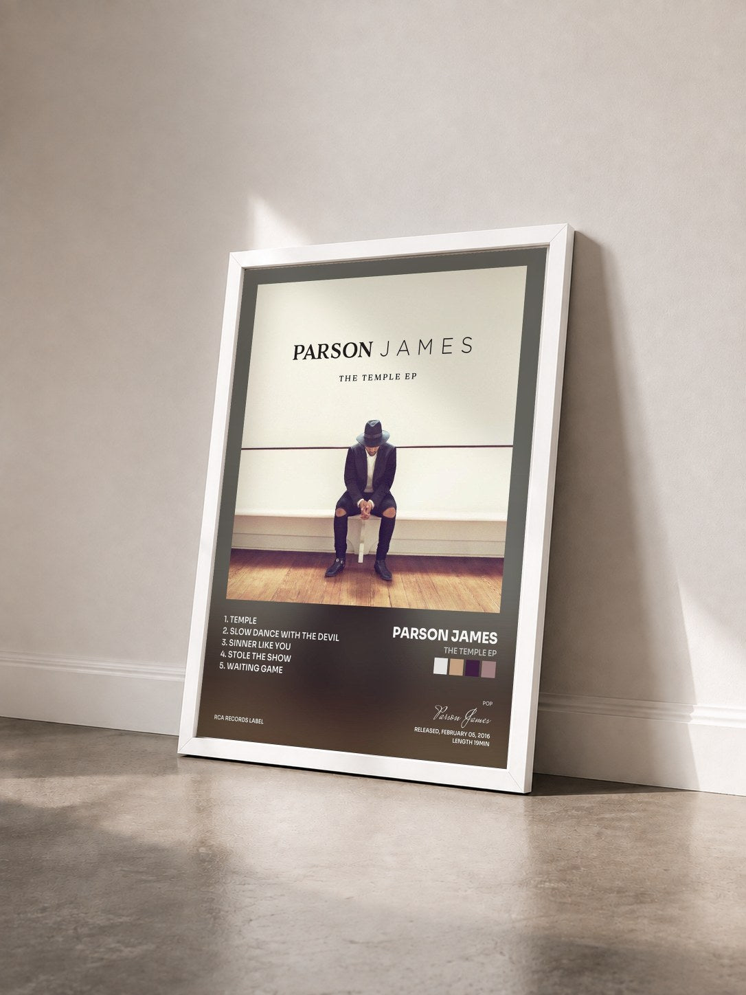 #blanc Tableau de l'album The Temple EP de Parson James vu de trois quarts, cadre blanc