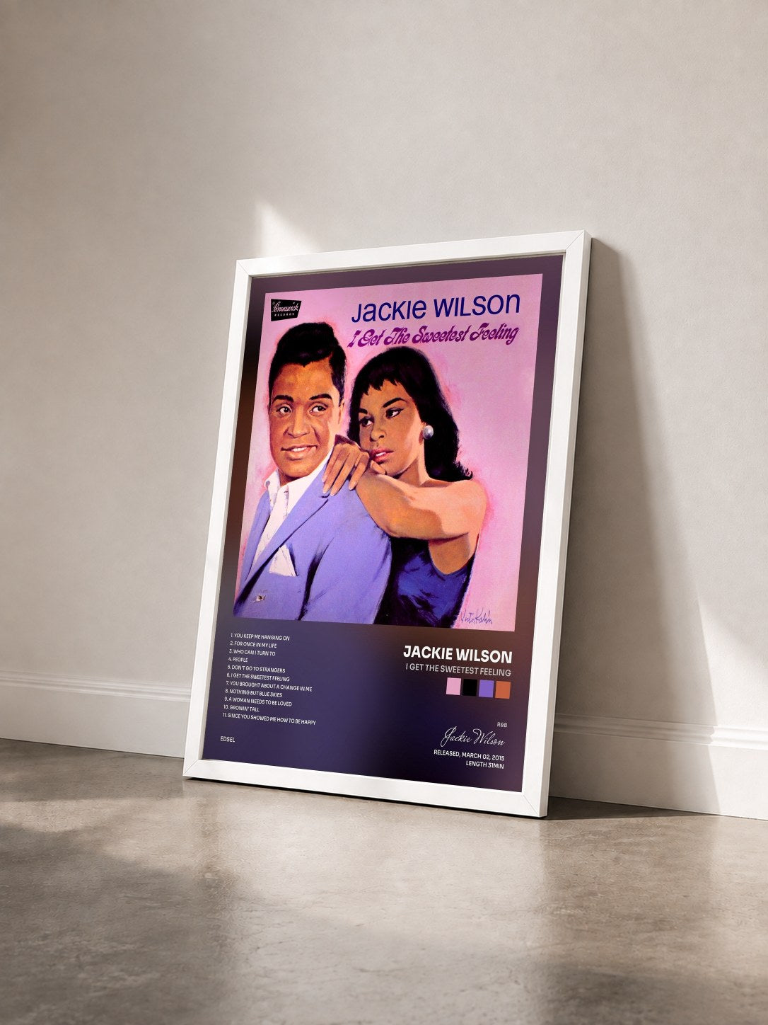 #blanc Tableau de l'album I Get the Sweetest Feeling de Jackie Wilson vu de trois quarts, cadre blanc