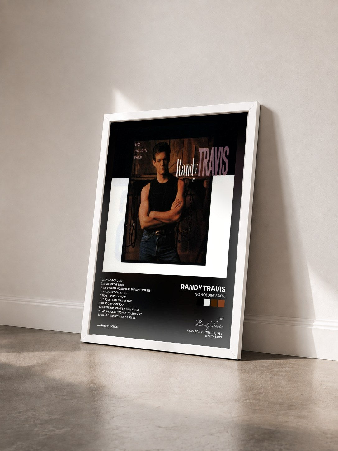 #blanc Tableau de l'album No Holdin' Back de Randy Travis vu de trois quarts, cadre blanc