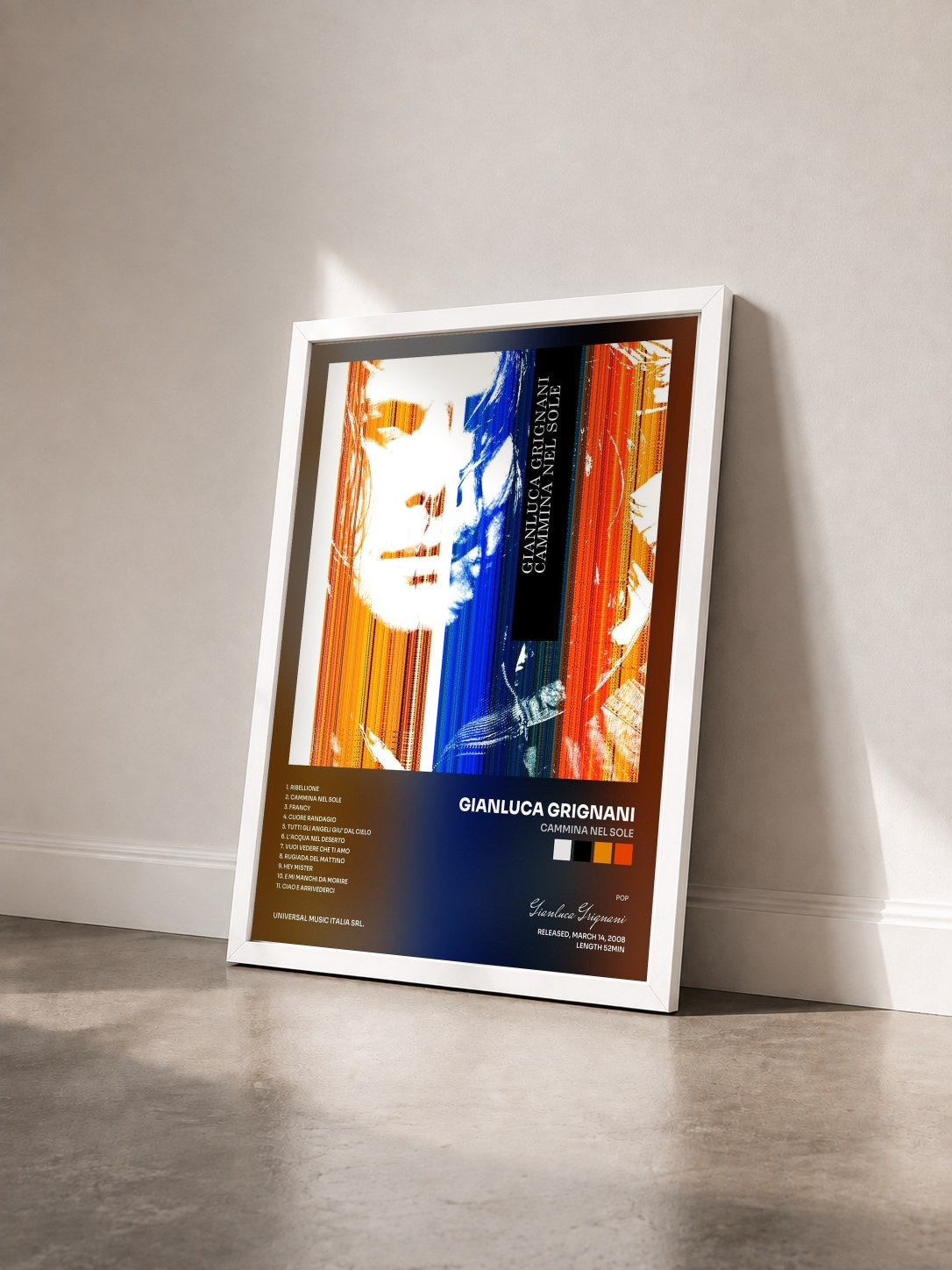 #blanc Tableau de l'album Cammina Nel Sole de Gianluca Grignani vu de trois quarts, cadre blanc