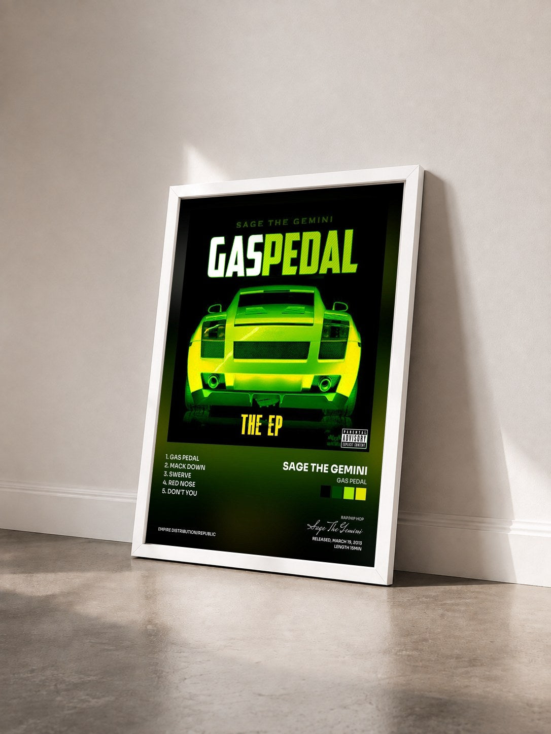 #blanc Tableau de l'album Gas Pedal de Sage The Gemini vu de trois quarts, cadre blanc