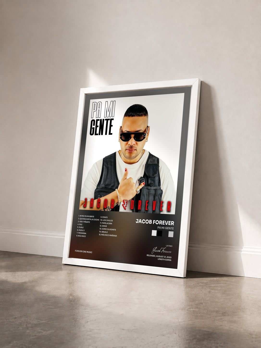 #blanc Tableau de l'album Pa Mi Gente de Jacob Forever vu de trois quarts, cadre blanc