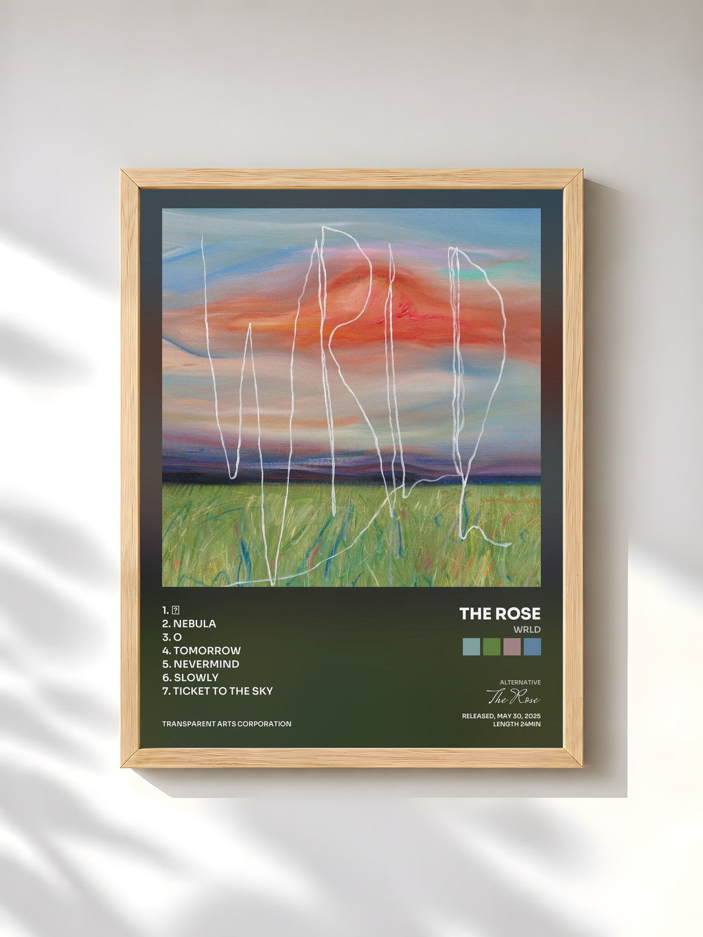 #bois Tableau de l'album WRLD de The Rose, cadre en bois brut, imprimé et encadré en France