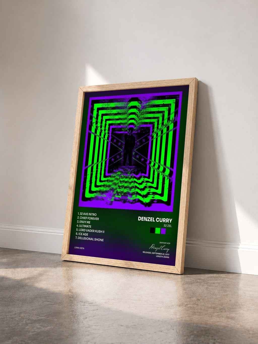 #bois Tableau de l'album 32 Zel de Denzel Curry vu de trois quarts, cadre en bois brut
