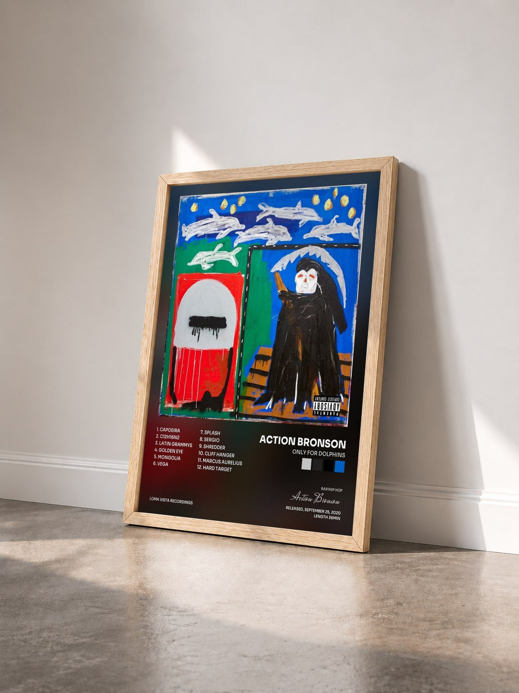 #bois Tableau de l'album Only For Dolphins de Action Bronson vu de trois quarts, cadre en bois brut