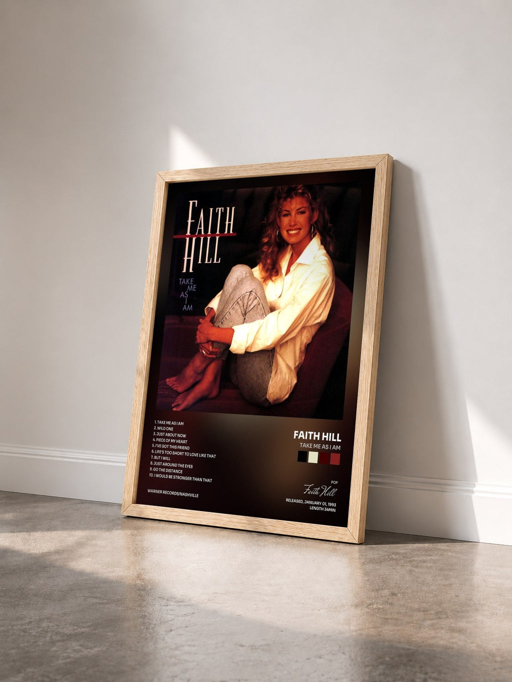 #bois Tableau de l'album Take Me as I Am de Faith Hill vu de trois quarts, cadre en bois brut