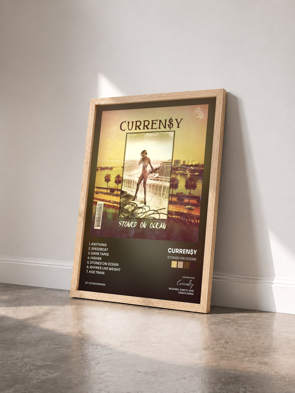 #bois Tableau de l'album Stoned On Ocean de Curren$y vu de trois quarts, cadre en bois brut