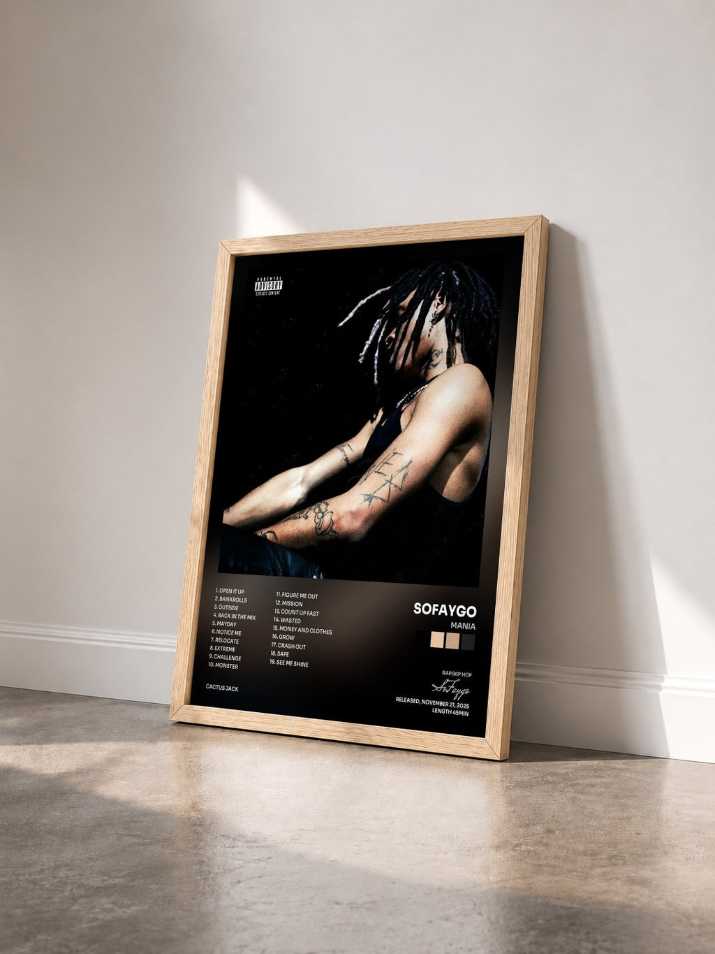 #bois Tableau de l'album MANIA de SoFaygo vu de trois quarts, cadre en bois brut