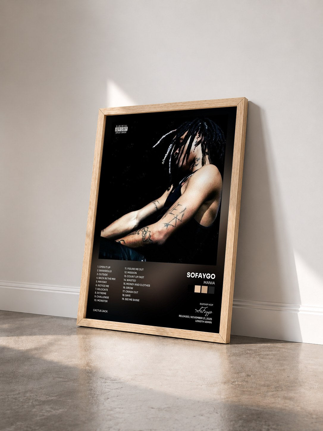 #bois Tableau de l'album MANIA de SoFaygo vu de trois quarts, cadre en bois brut
