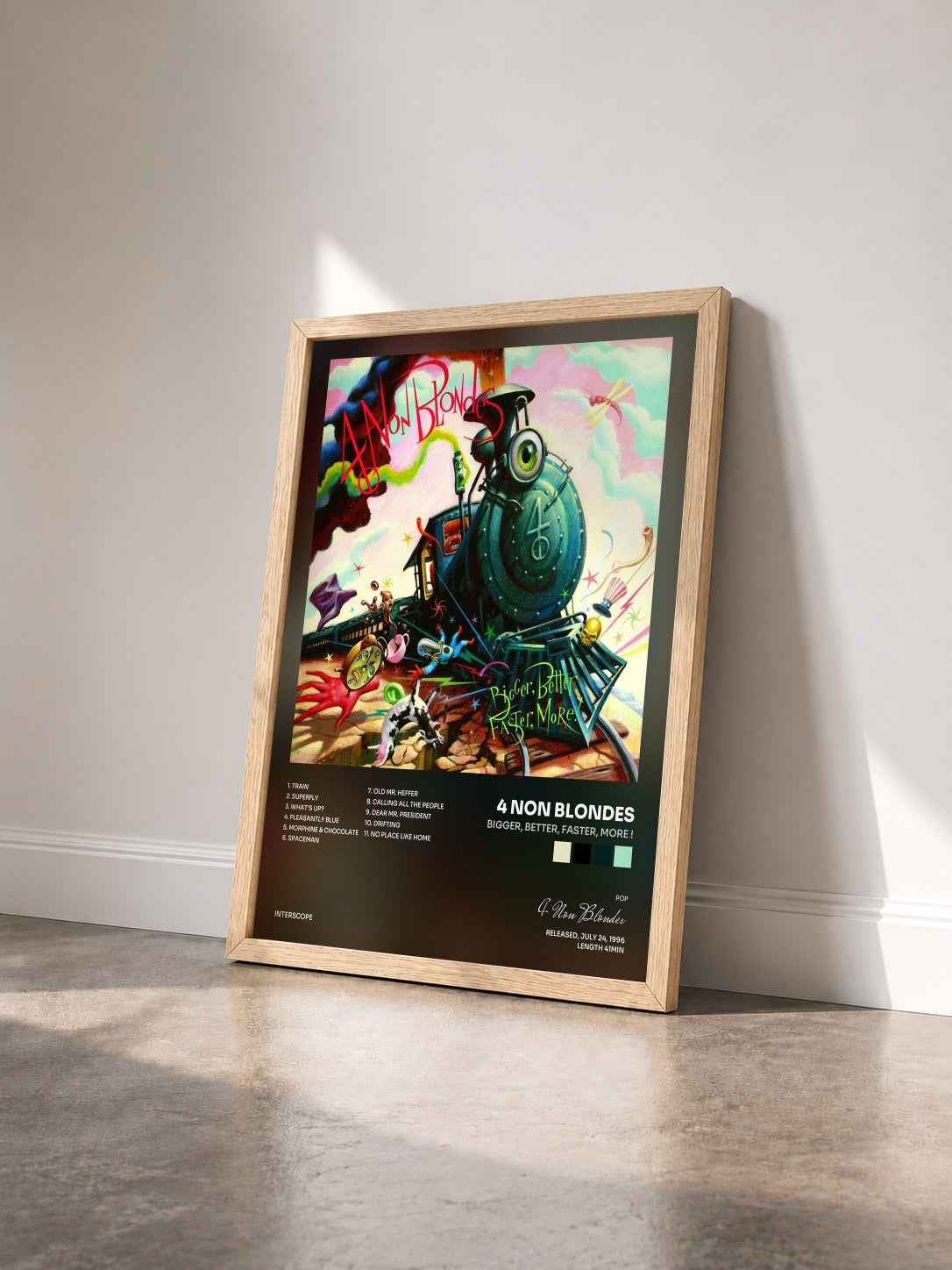 #bois Tableau de l'album Bigger, Better, Faster, More ! de 4 Non Blondes vu de trois quarts, cadre en bois brut