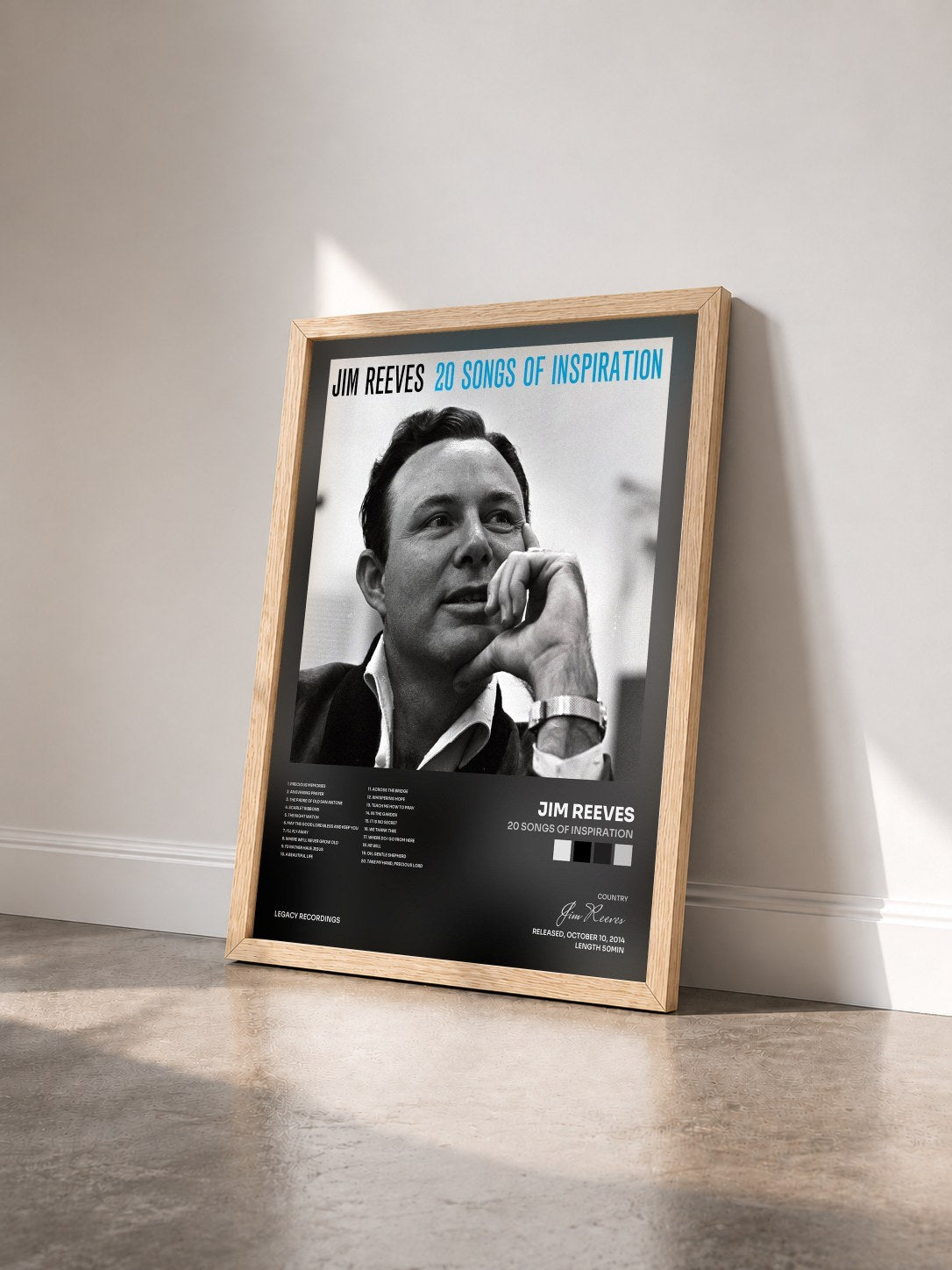#bois Tableau de l'album 20 Songs of Inspiration de Jim Reeves vu de trois quarts, cadre en bois brut