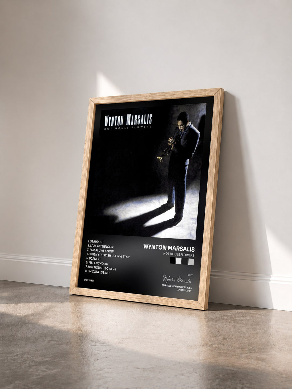 #bois Tableau de l'album Hot House Flowers de Wynton Marsalis vu de trois quarts, cadre en bois brut