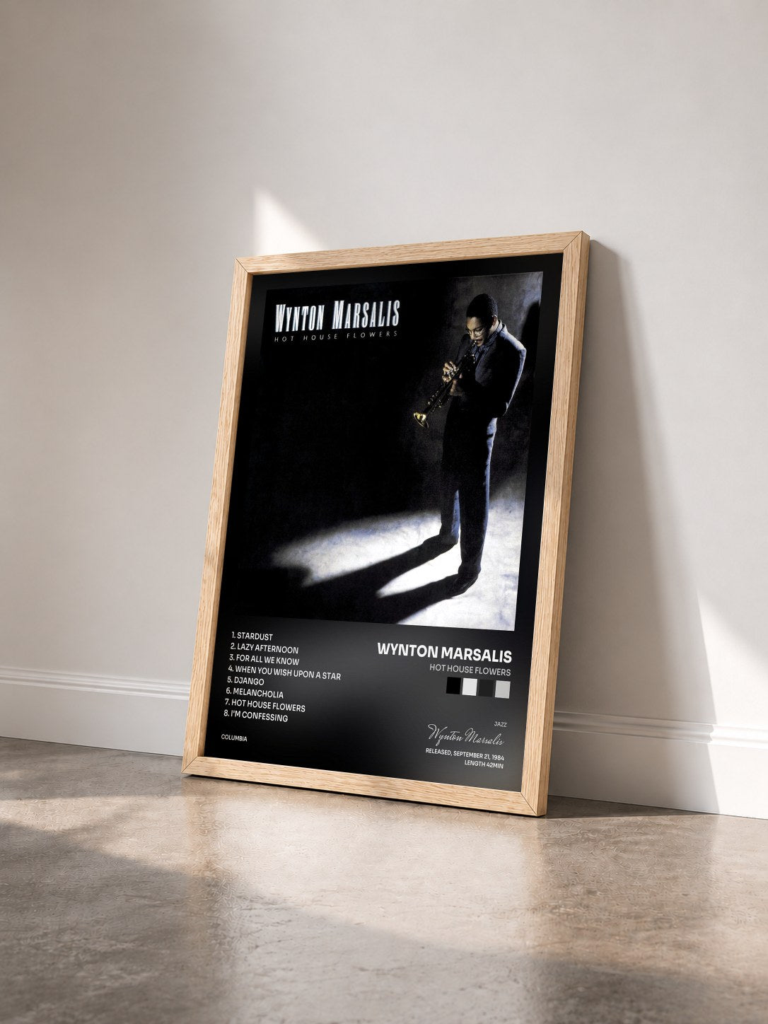 #bois Tableau de l'album Hot House Flowers de Wynton Marsalis vu de trois quarts, cadre en bois brut