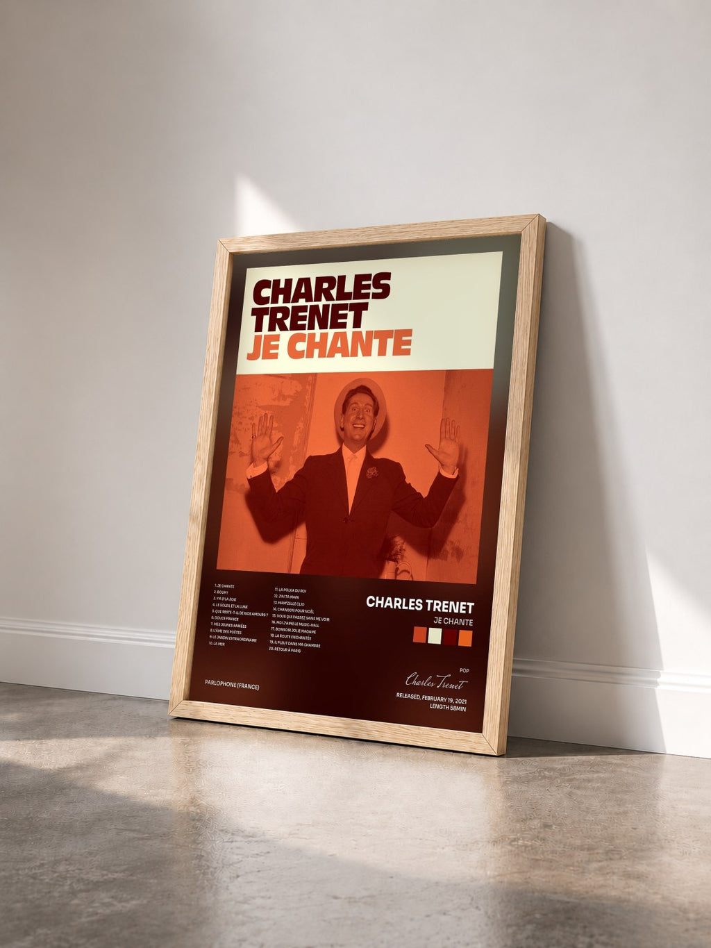 #bois Tableau de l'album Je chante de Charles Trenet vu de trois quarts, cadre en bois brut
