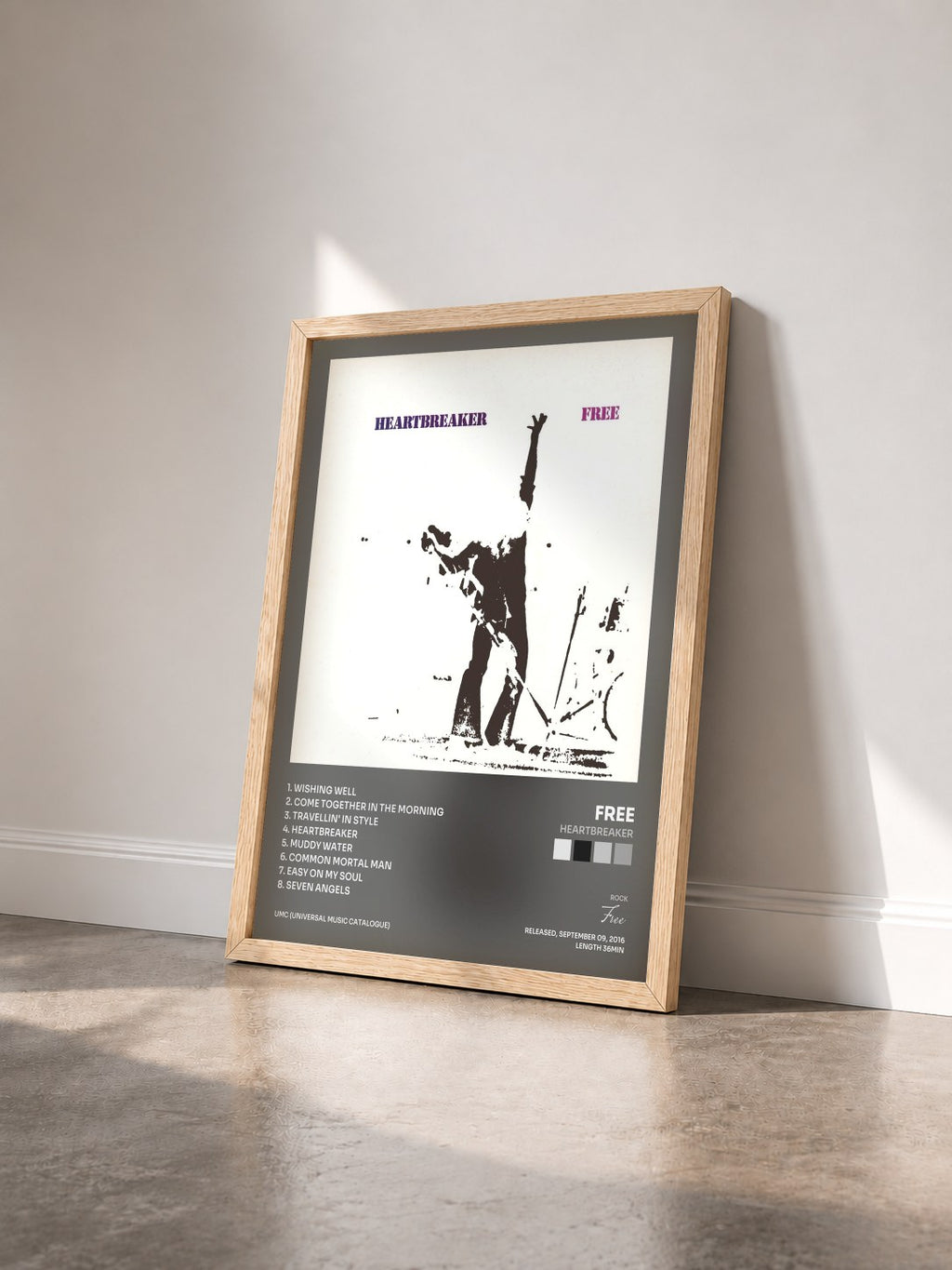 #bois Tableau de l'album Heartbreaker de Free vu de trois quarts, cadre en bois brut