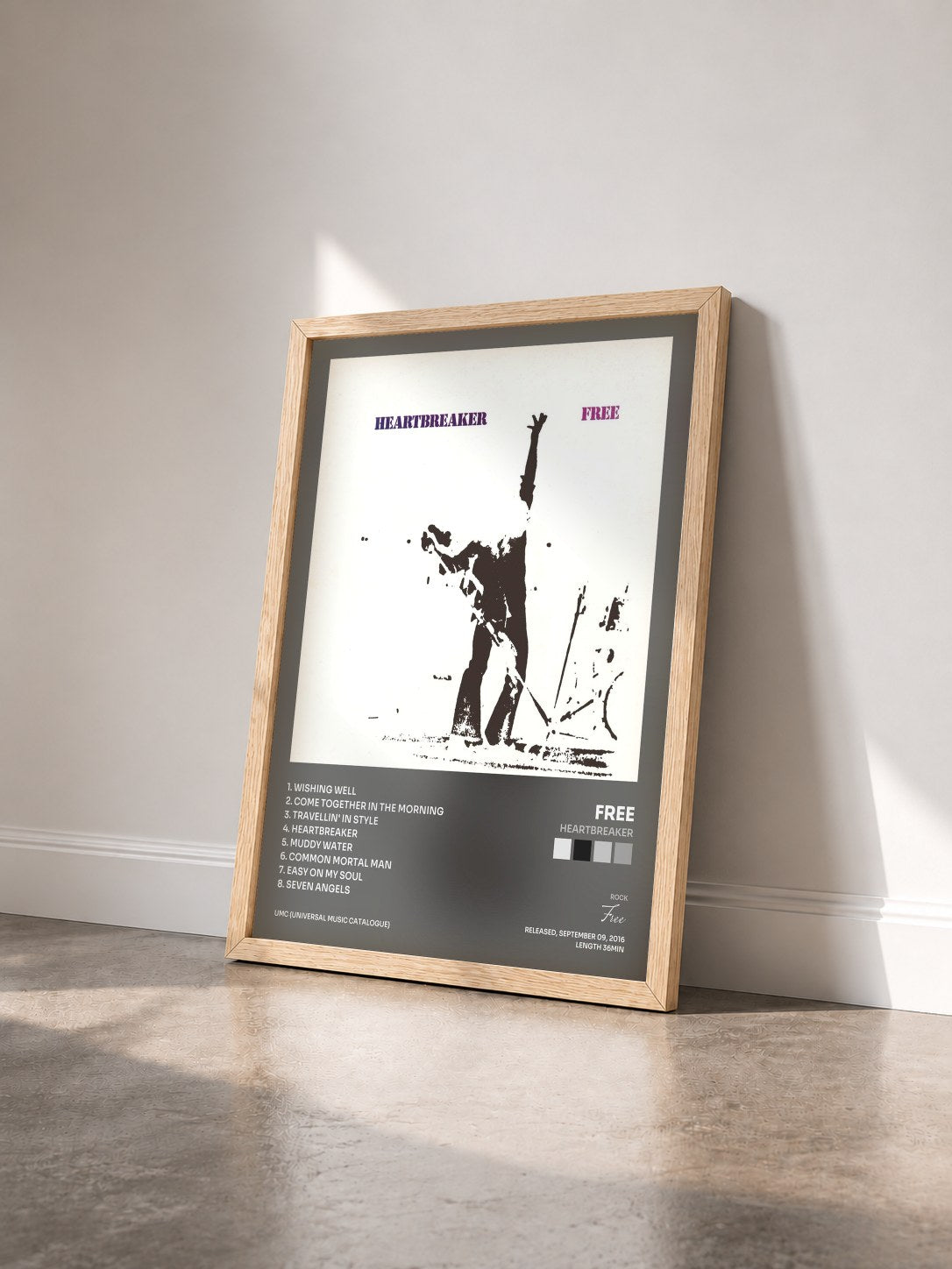 #bois Tableau de l'album Heartbreaker de Free vu de trois quarts, cadre en bois brut