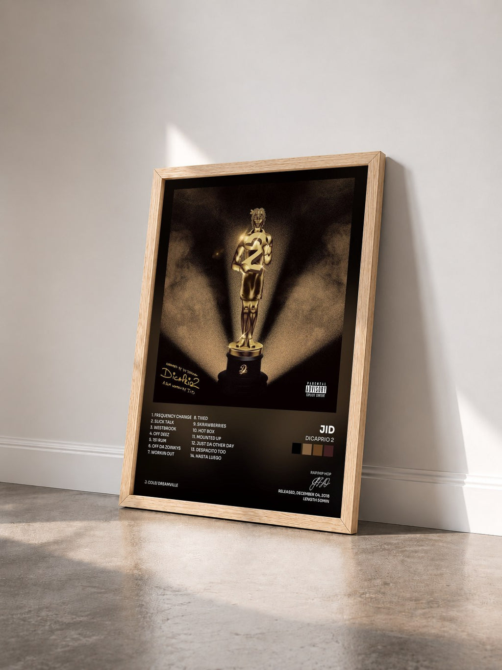 #bois Tableau de l'album DiCaprio 2 de JID vu de trois quarts, cadre en bois brut