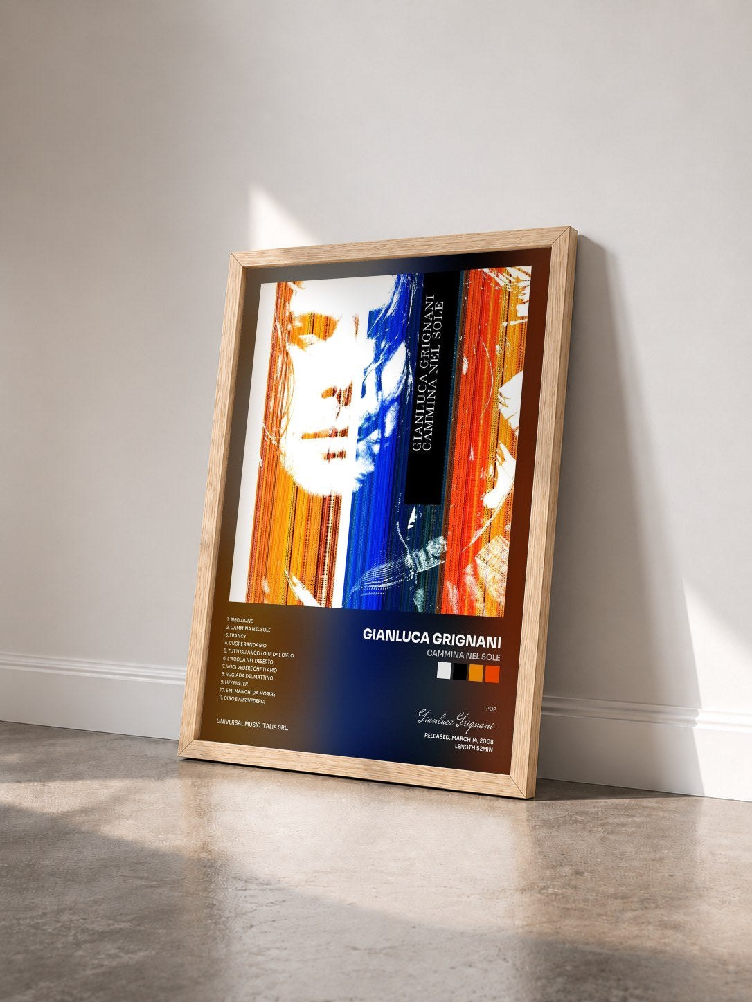 #bois Tableau de l'album Cammina Nel Sole de Gianluca Grignani vu de trois quarts, cadre en bois brut