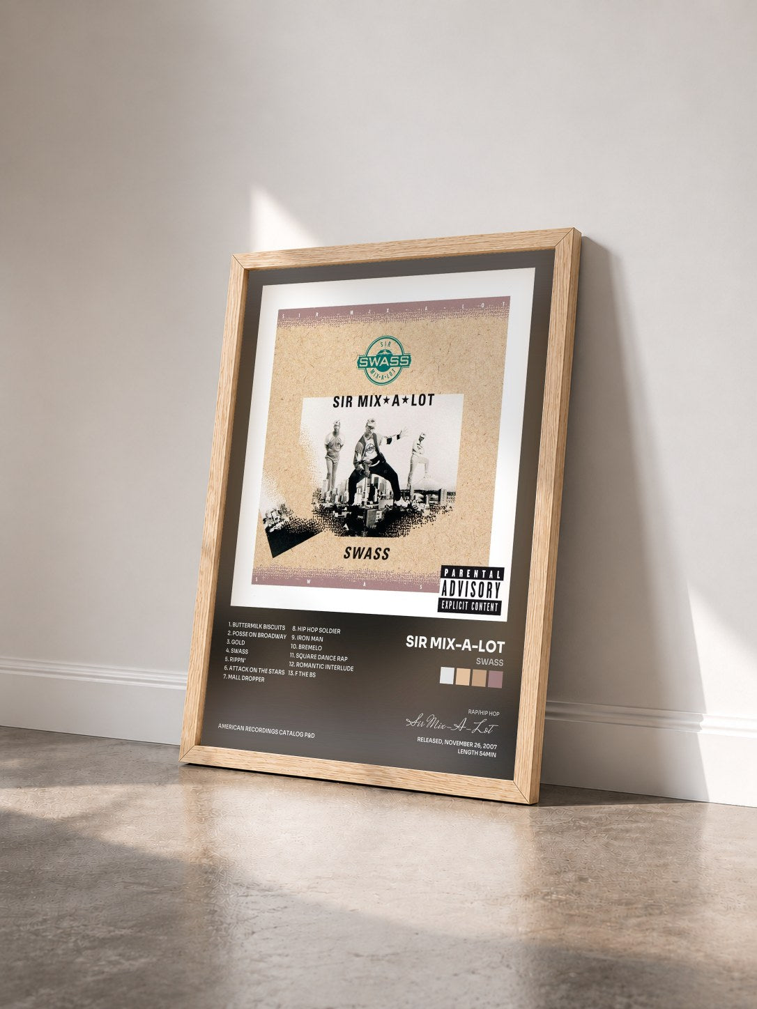 #bois Tableau de l'album Swass de Sir Mix-A-Lot vu de trois quarts, cadre en bois brut