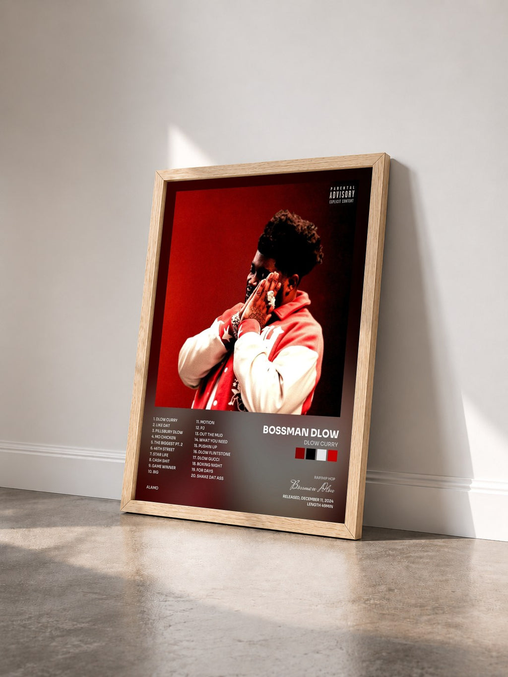 #bois Tableau de l'album Dlow Curry de Bossman Dlow vu de trois quarts, cadre en bois brut