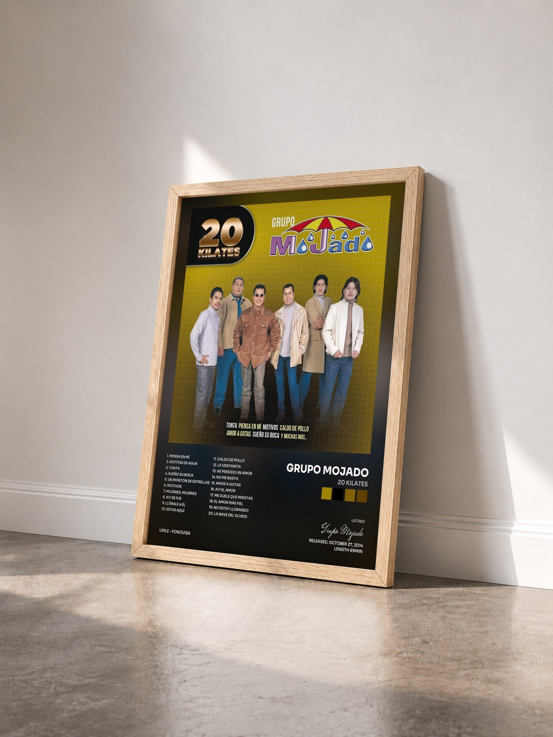 #bois Tableau de l'album 20 Kilates de Grupo Mojado vu de trois quarts, cadre en bois brut