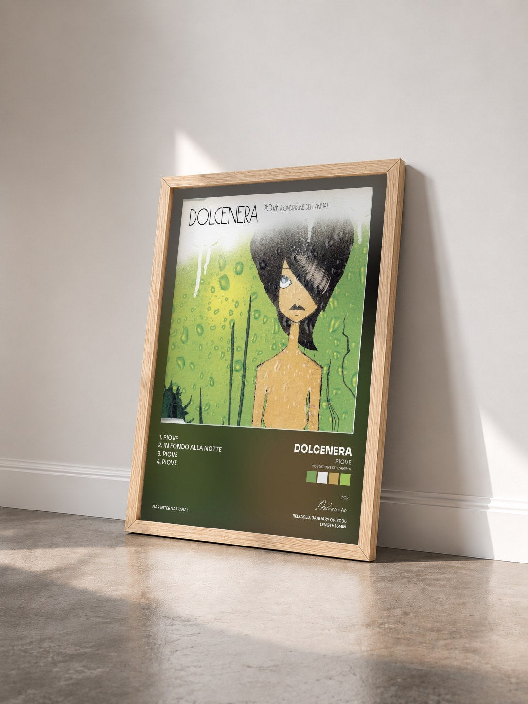 #bois Tableau de l'album Piove (Condizione dell'anima) de Dolcenera vu de trois quarts, cadre en bois brut