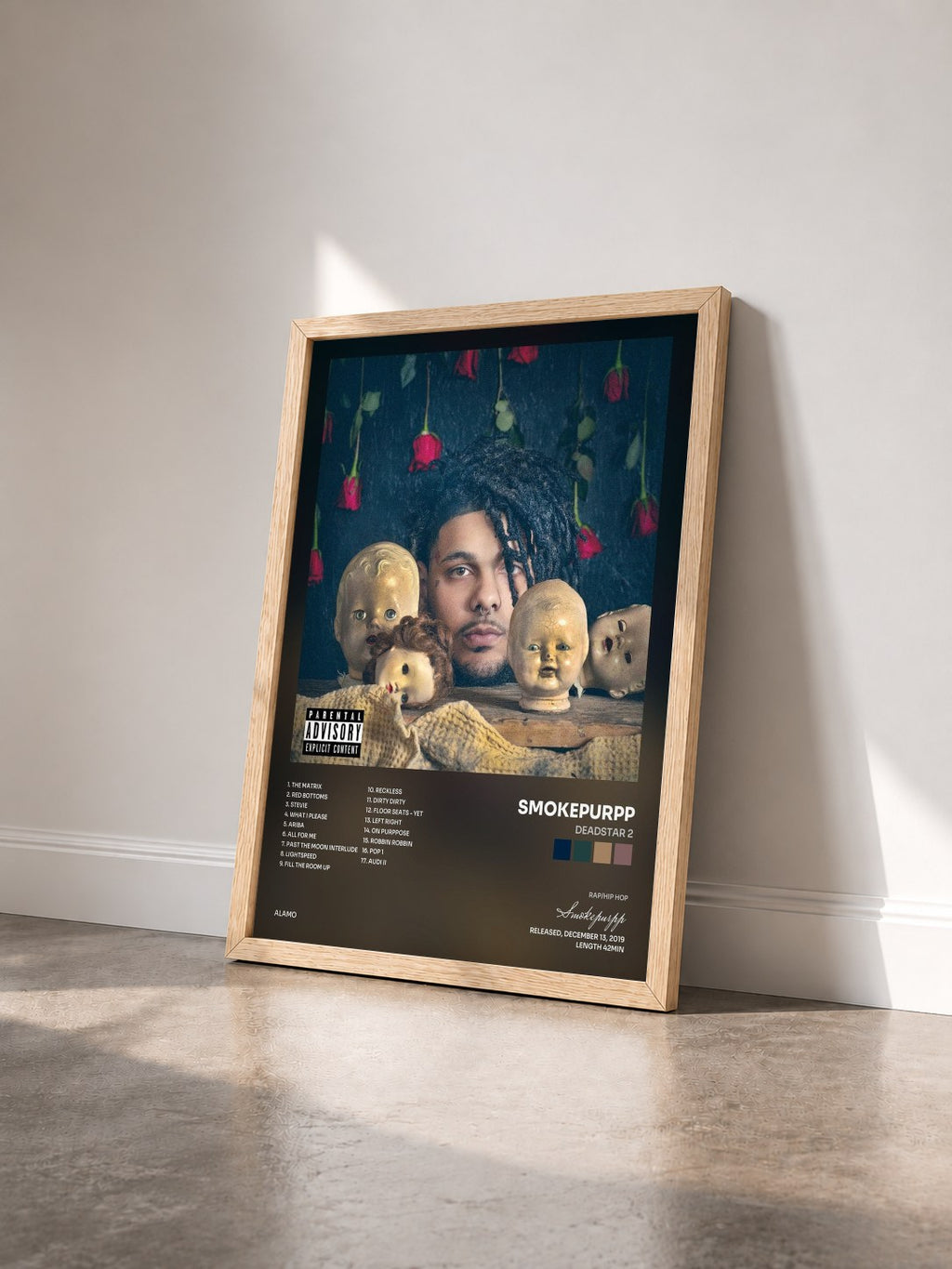 #bois Tableau de l'album Deadstar 2 de Smokepurpp vu de trois quarts, cadre en bois brut