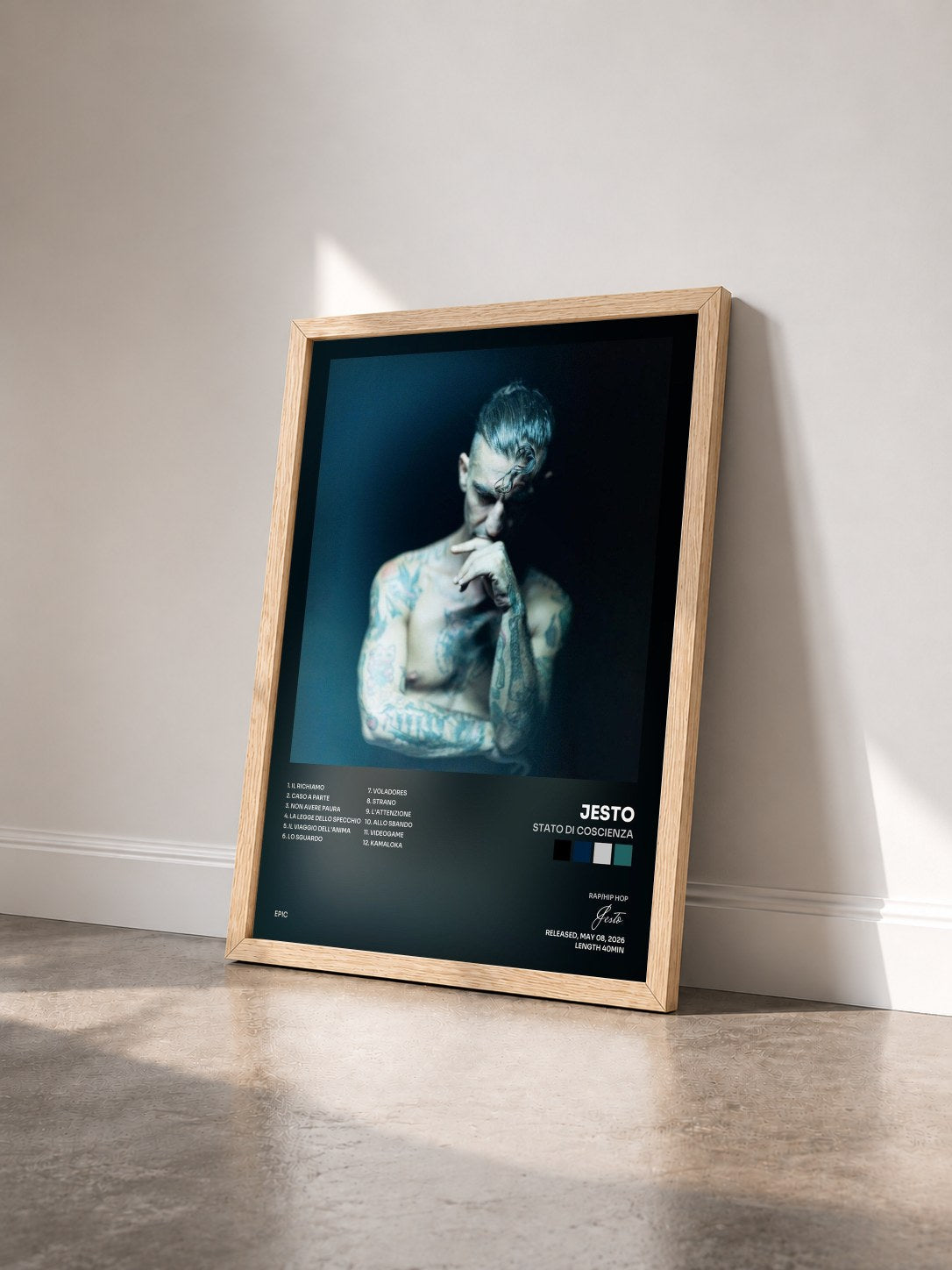 #bois Tableau de l'album STATO DI COSCIENZA de Jesto vu de trois quarts, cadre en bois brut