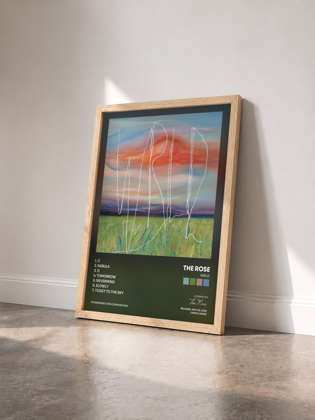 #bois Tableau de l'album WRLD de The Rose vu de trois quarts, cadre en bois brut