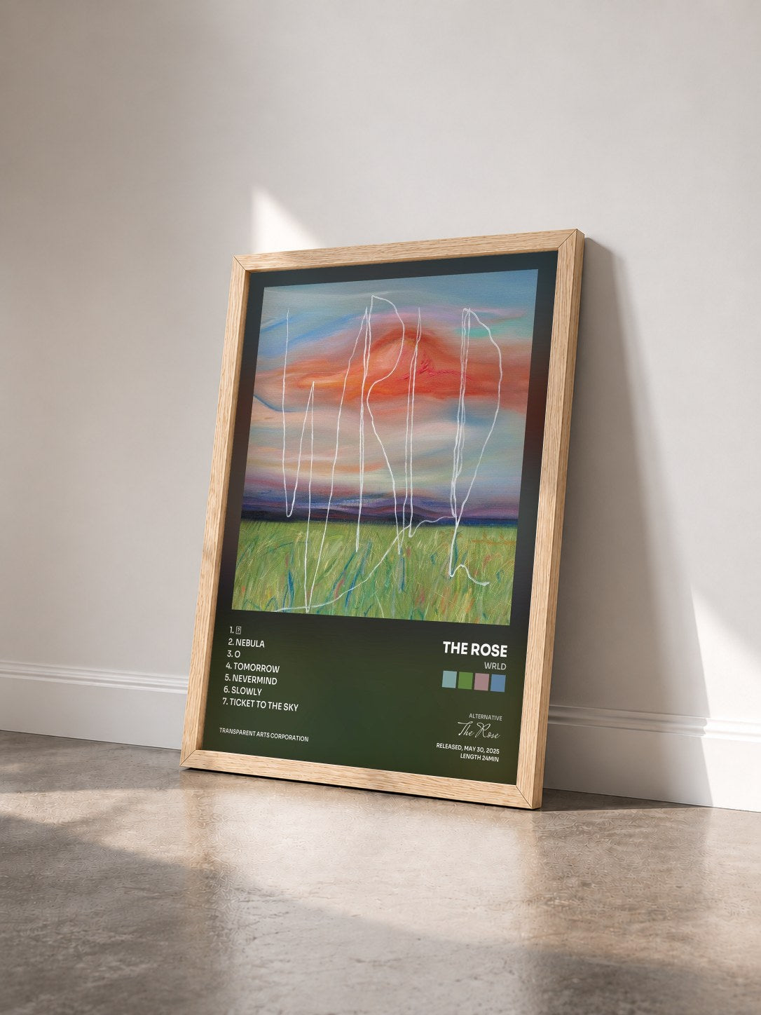 #bois Tableau de l'album WRLD de The Rose vu de trois quarts, cadre en bois brut