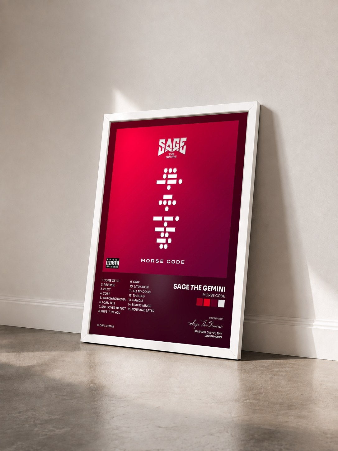 #blanc Tableau de l'album Morse Code de Sage The Gemini vu de trois quarts, cadre blanc
