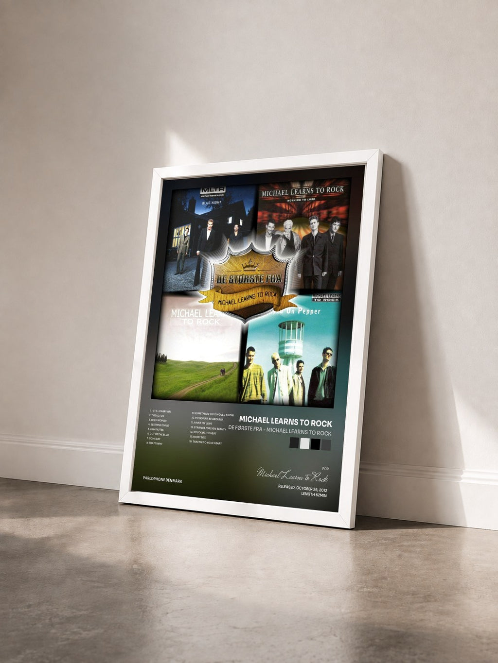 #blanc Tableau de l'album De Første Fra - Michael Learns to Rock de Michael Learns to Rock vu de trois quarts, cadre blanc