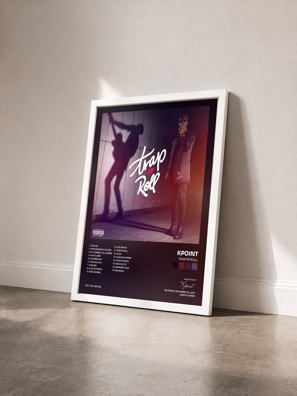 #blanc Tableau de l'album Trap'N'Roll de Kpoint vu de trois quarts, cadre blanc