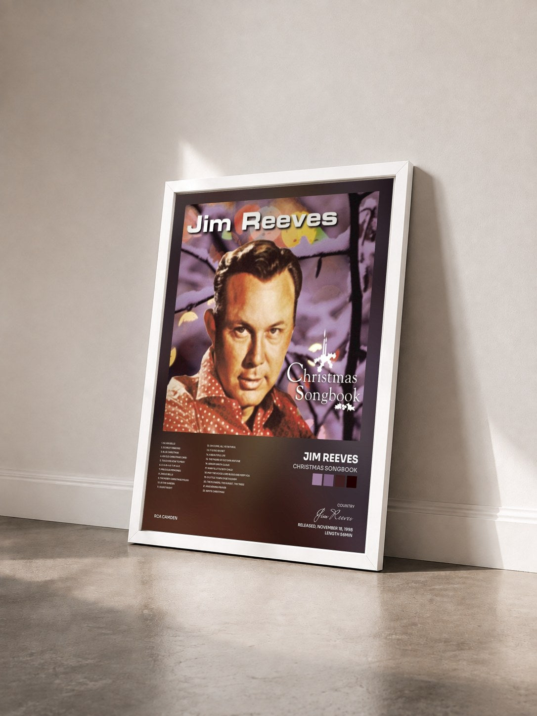 #blanc Tableau de l'album Christmas Songbook de Jim Reeves vu de trois quarts, cadre blanc