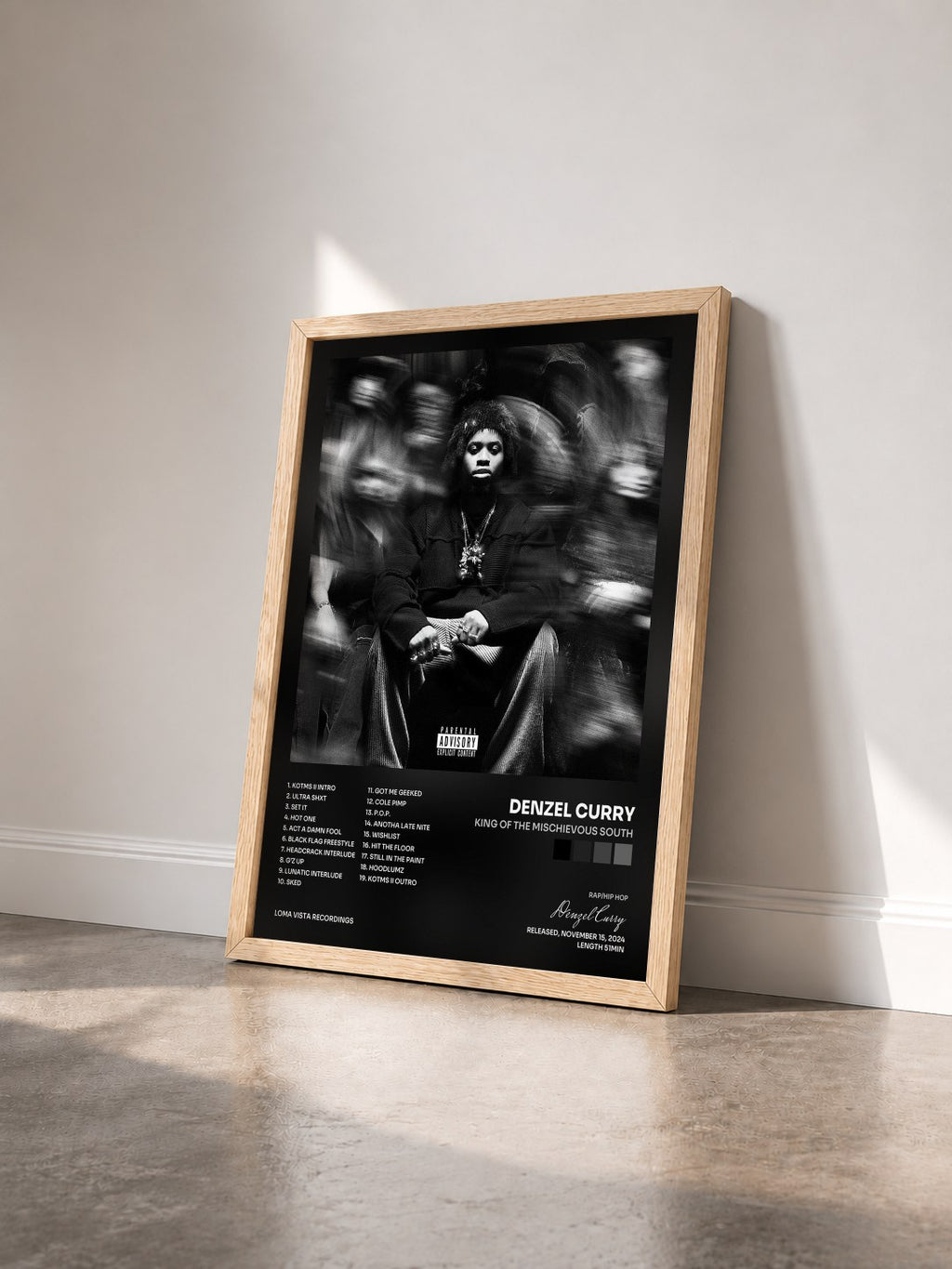 #bois Tableau de l'album KING OF THE MISCHIEVOUS SOUTH de Denzel Curry vu de trois quarts, cadre en bois brut