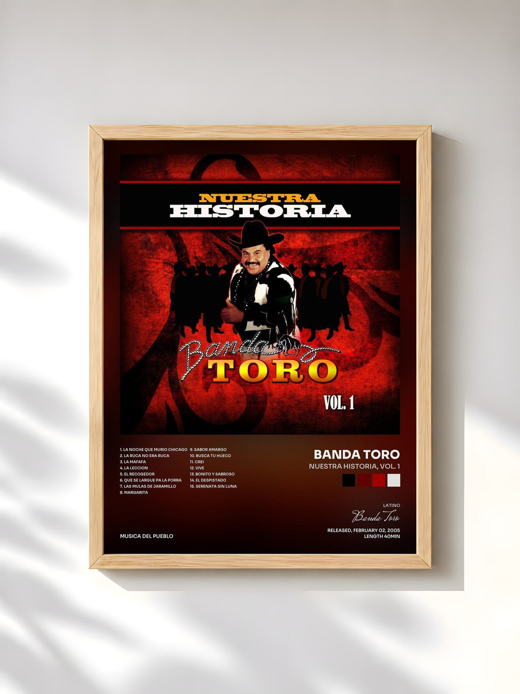 #bois Tableau de l'album Nuestra Historia, Vol. 1 de Banda Toro, cadre en bois brut, imprimé et encadré en France