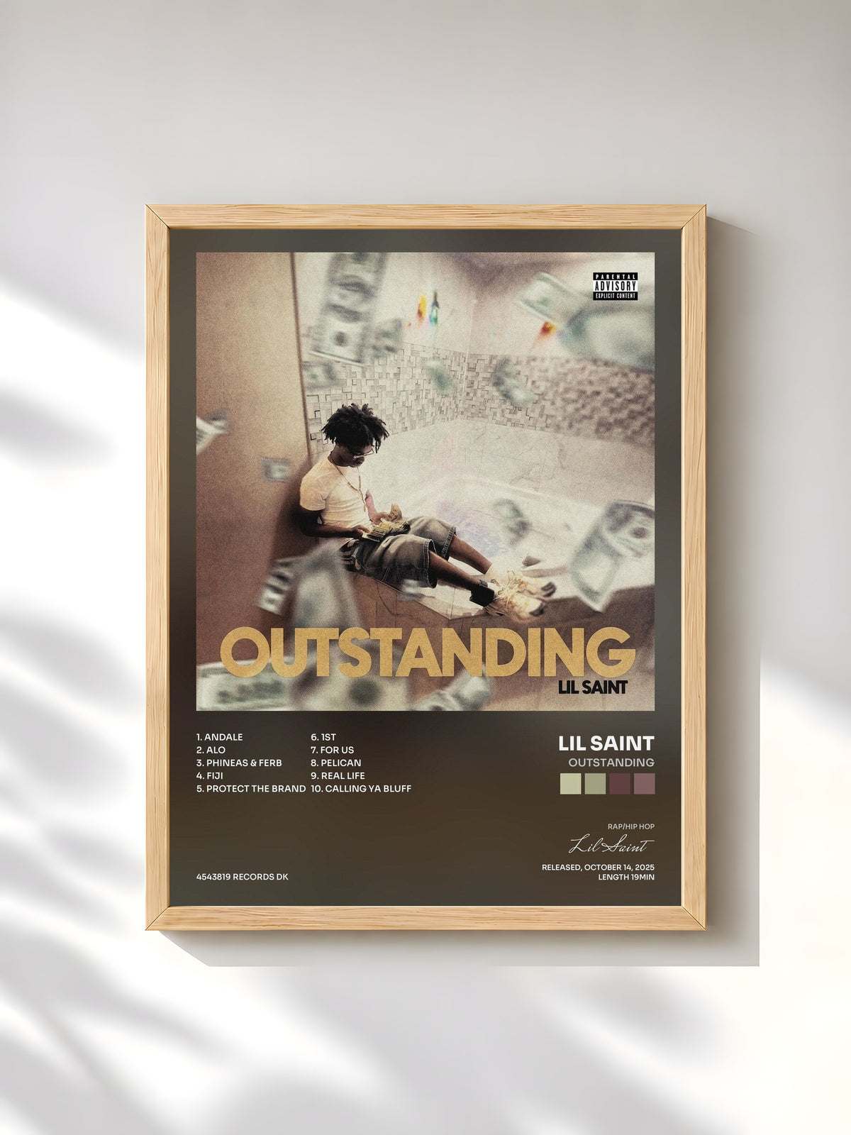 #bois Tableau de l'album OUTSTANDING de Lil Saint, cadre en bois brut, imprimé et encadré en France
