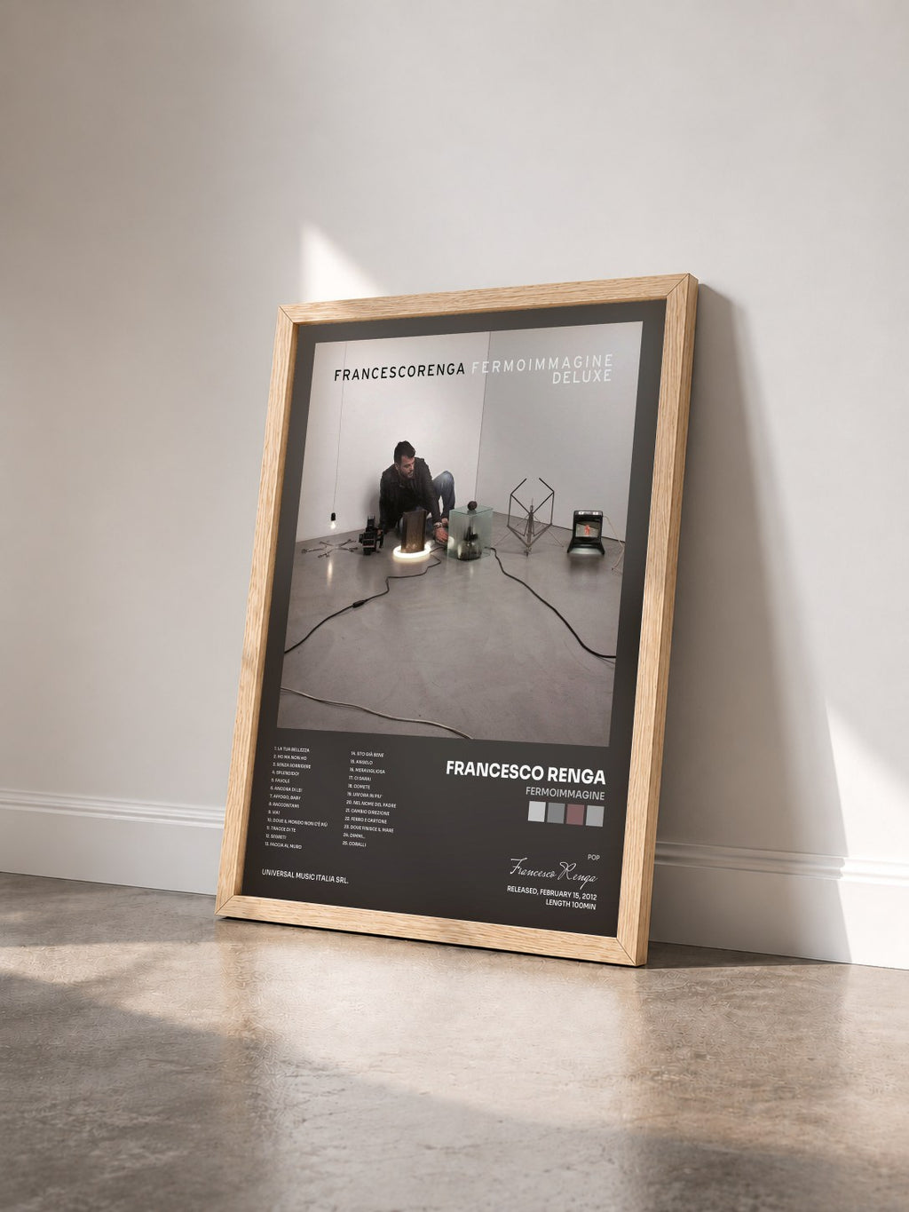 #bois Tableau de l'album Fermoimmagine de Francesco Renga vu de trois quarts, cadre en bois brut