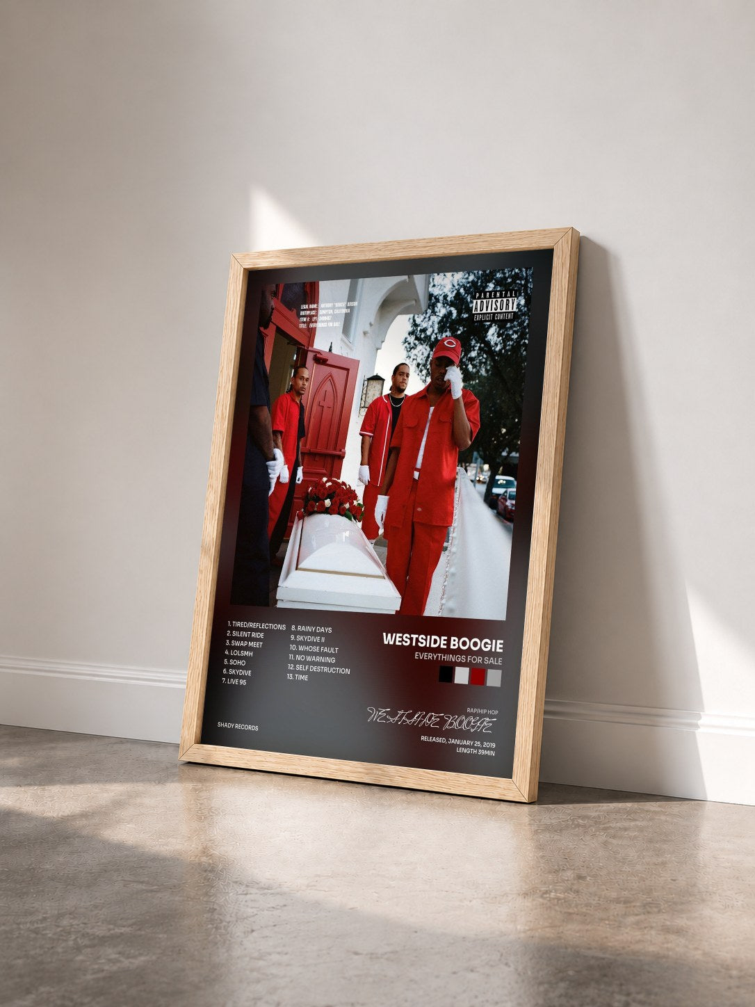 #bois Tableau de l'album Everythings For Sale de WESTSIDE BOOGIE vu de trois quarts, cadre en bois brut