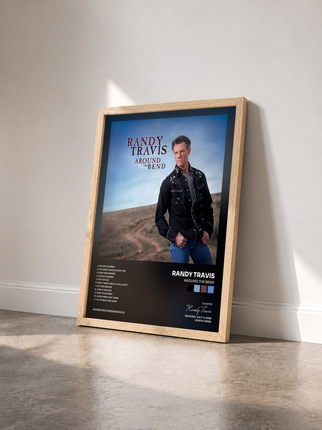 #bois Tableau de l'album Around the Bend de Randy Travis vu de trois quarts, cadre en bois brut