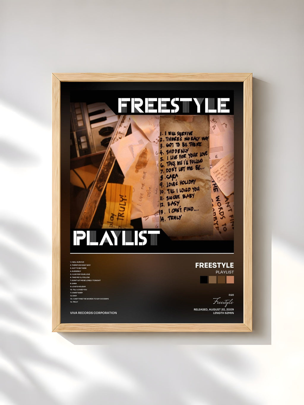 #bois Tableau de l'album Playlist de Freestyle, cadre en bois brut, imprimé et encadré en France