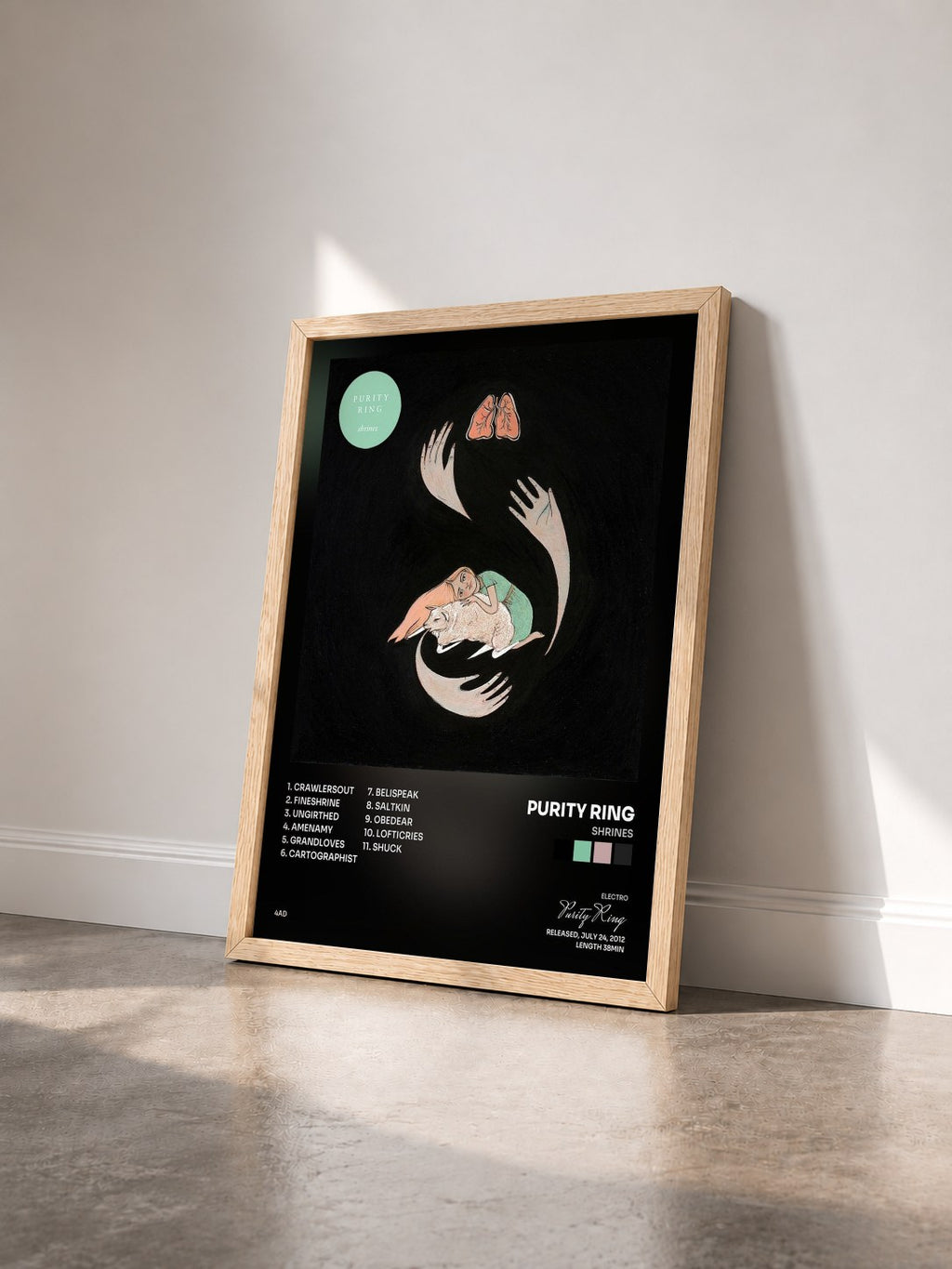 #bois Tableau de l'album shrines de Purity Ring vu de trois quarts, cadre en bois brut