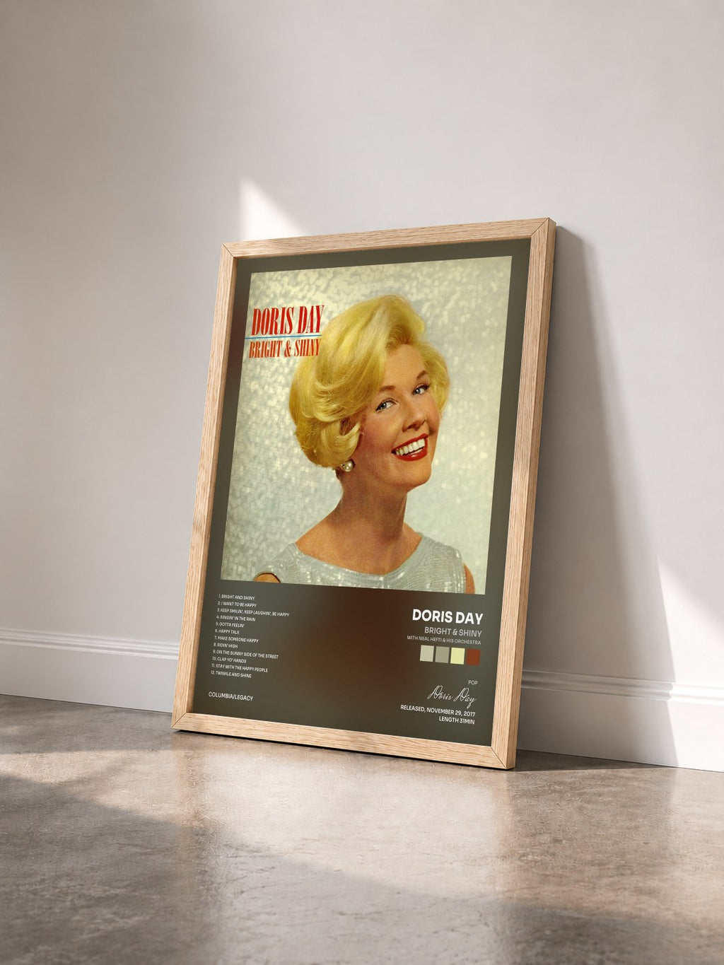 #bois Tableau de l'album Bright & Shiny (with Neal Hefti & His Orchestra) de Doris Day vu de trois quarts, cadre en bois brut