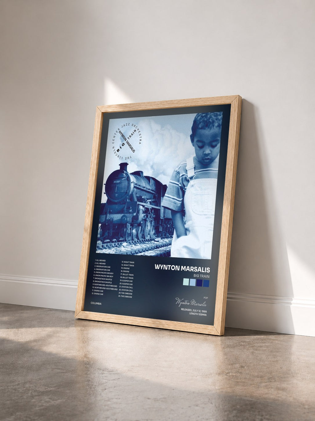 #bois Tableau de l'album Big Train de Wynton Marsalis vu de trois quarts, cadre en bois brut