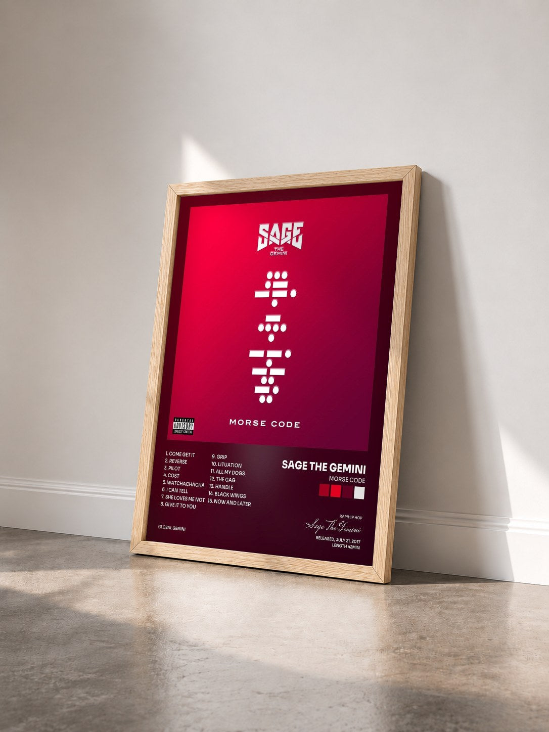 #bois Tableau de l'album Morse Code de Sage The Gemini vu de trois quarts, cadre en bois brut