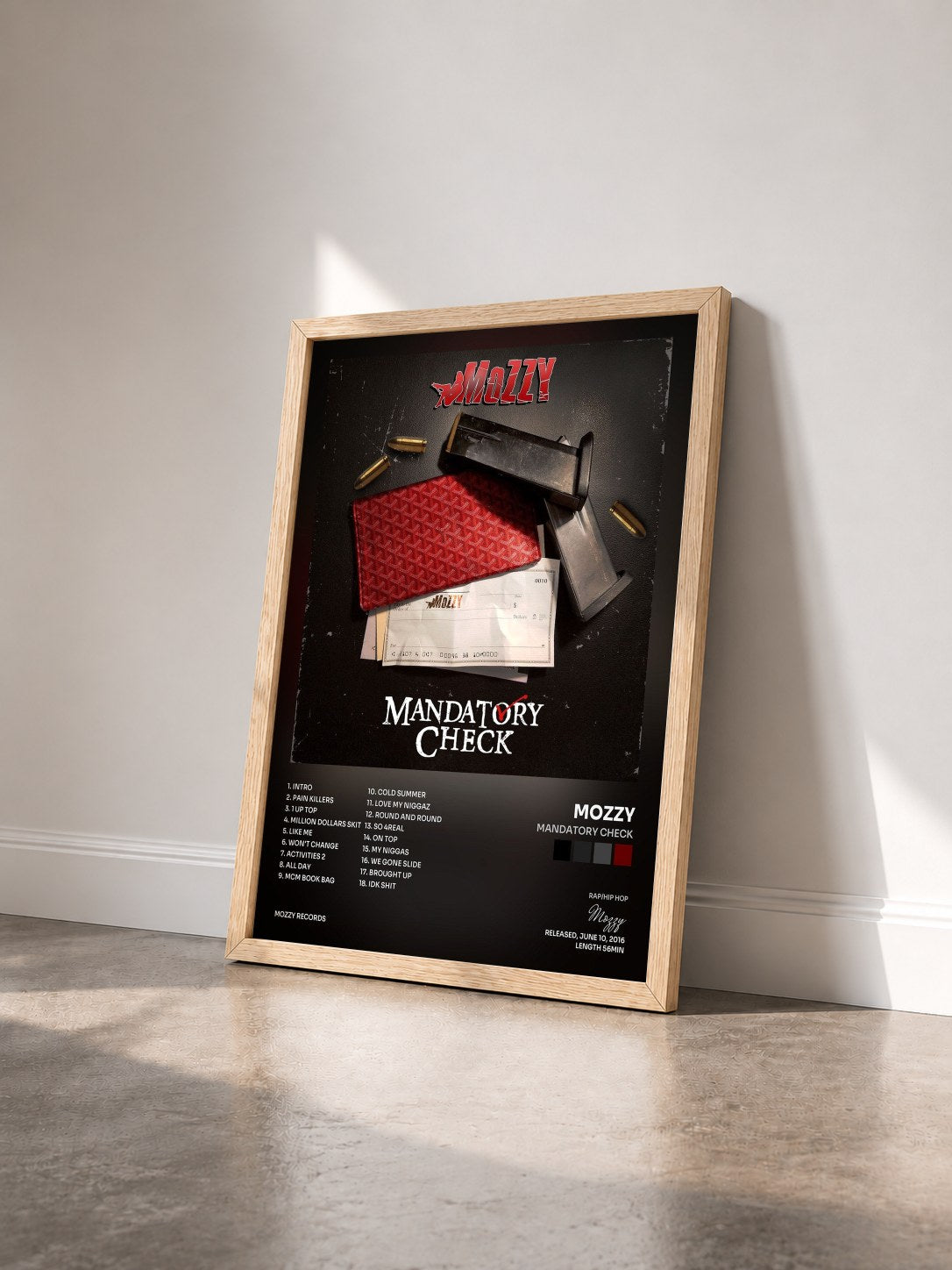 #bois Tableau de l'album Mandatory Check de Mozzy vu de trois quarts, cadre en bois brut
