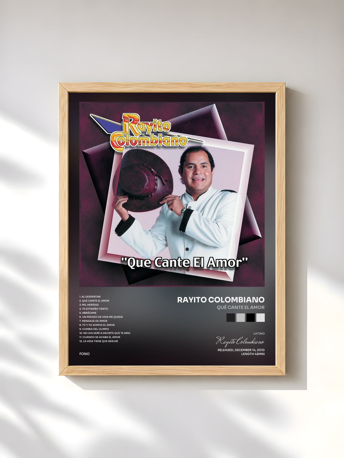 #bois Tableau de l'album Qué Cante El Amor de Rayito Colombiano, cadre en bois brut, imprimé et encadré en France