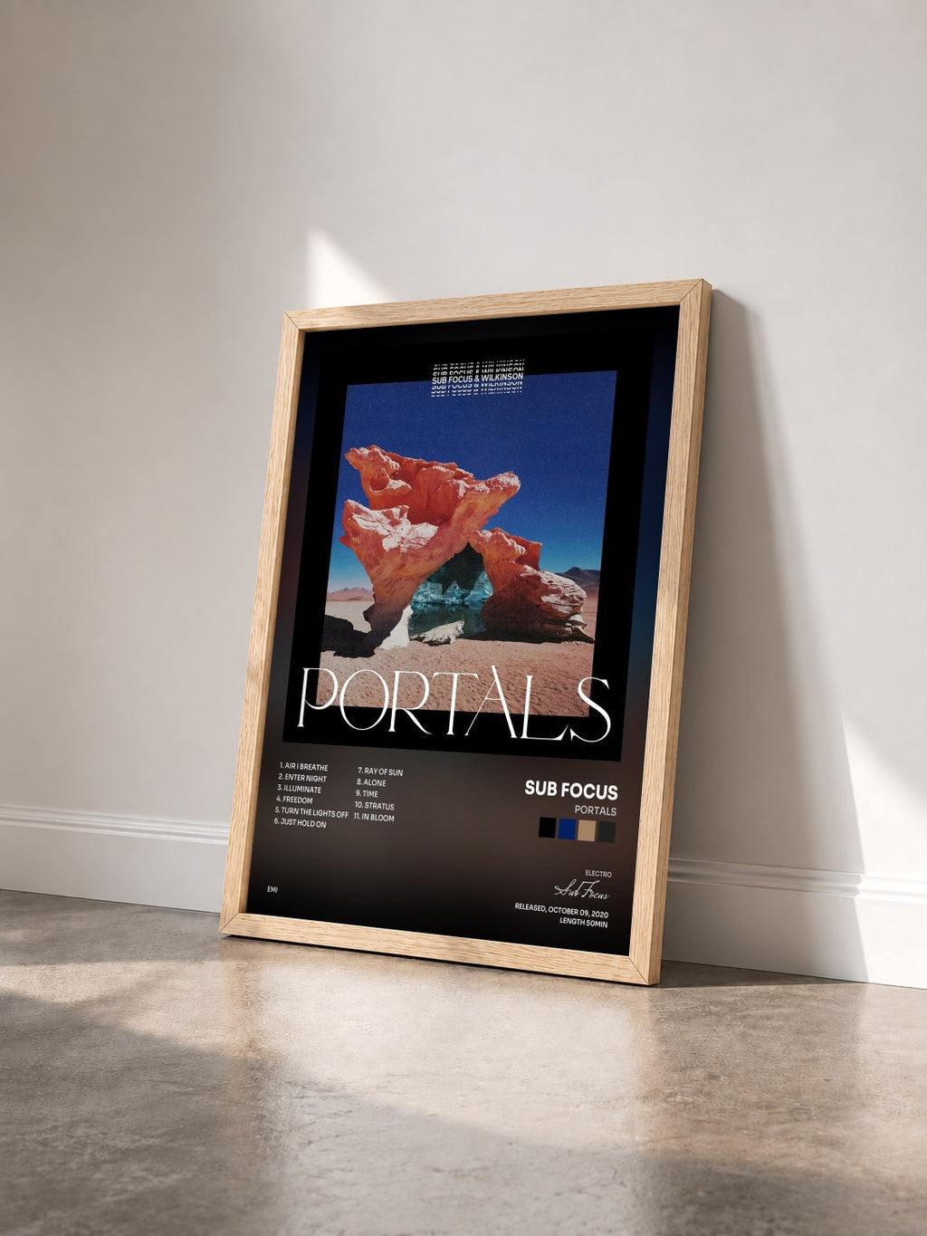 #bois Tableau de l'album Portals de Sub Focus vu de trois quarts, cadre en bois brut