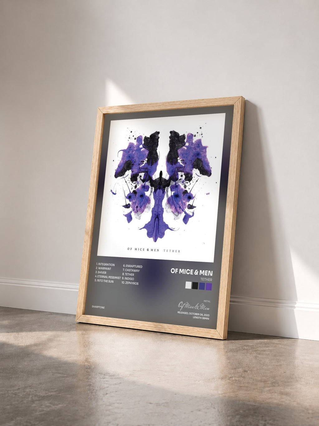 #bois Tableau de l'album Tether de Of Mice & Men vu de trois quarts, cadre en bois brut